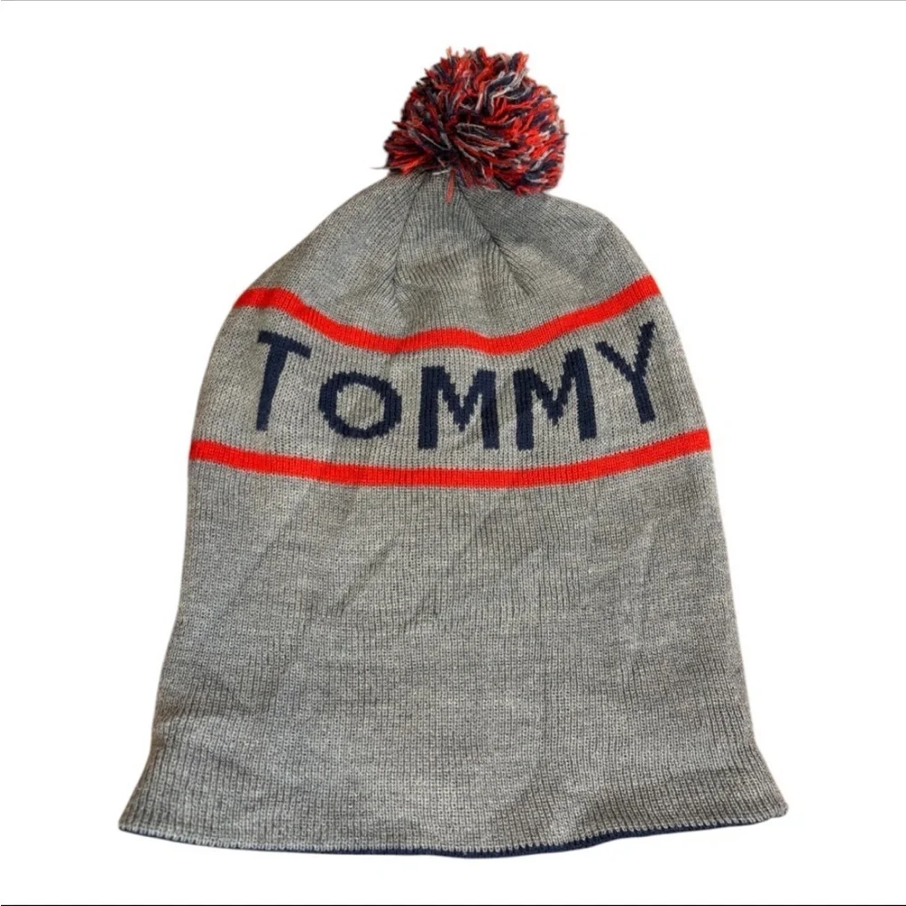 Tommy Hilfiger Men’s Gray, Red and Navy Blue Knit Winter Pom Beanie
